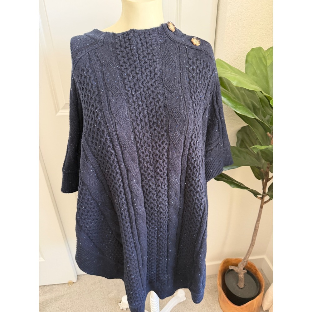 Talbots Navy Blue Cable Knit Button Shoulder Poncho Sweater Large Cotton Blend